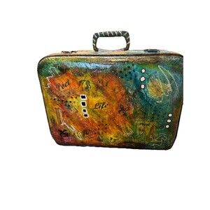 Vintage Suitcase Hand Painted Mixed Media Art Boho Travel Case Unique Decor Sign